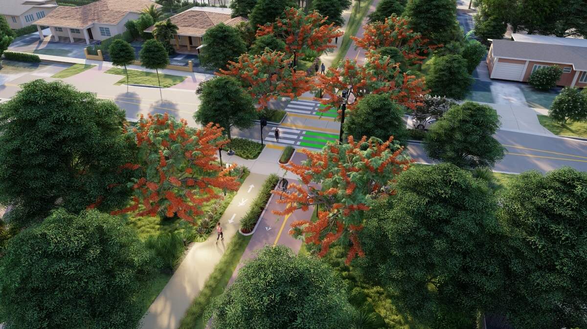 An artistic rendering shows, at center, a street crossing redesigned for increased safety for people on foot and on bikes at the intersection with the planned Ludlam Trail, which runs top to bottom in this image. An artistic rendering shows, at center, a street crossing redesigned for increased safety for people on foot and on bikes at the intersection with the planned Ludlam Trail, which runs top to bottom in this image.